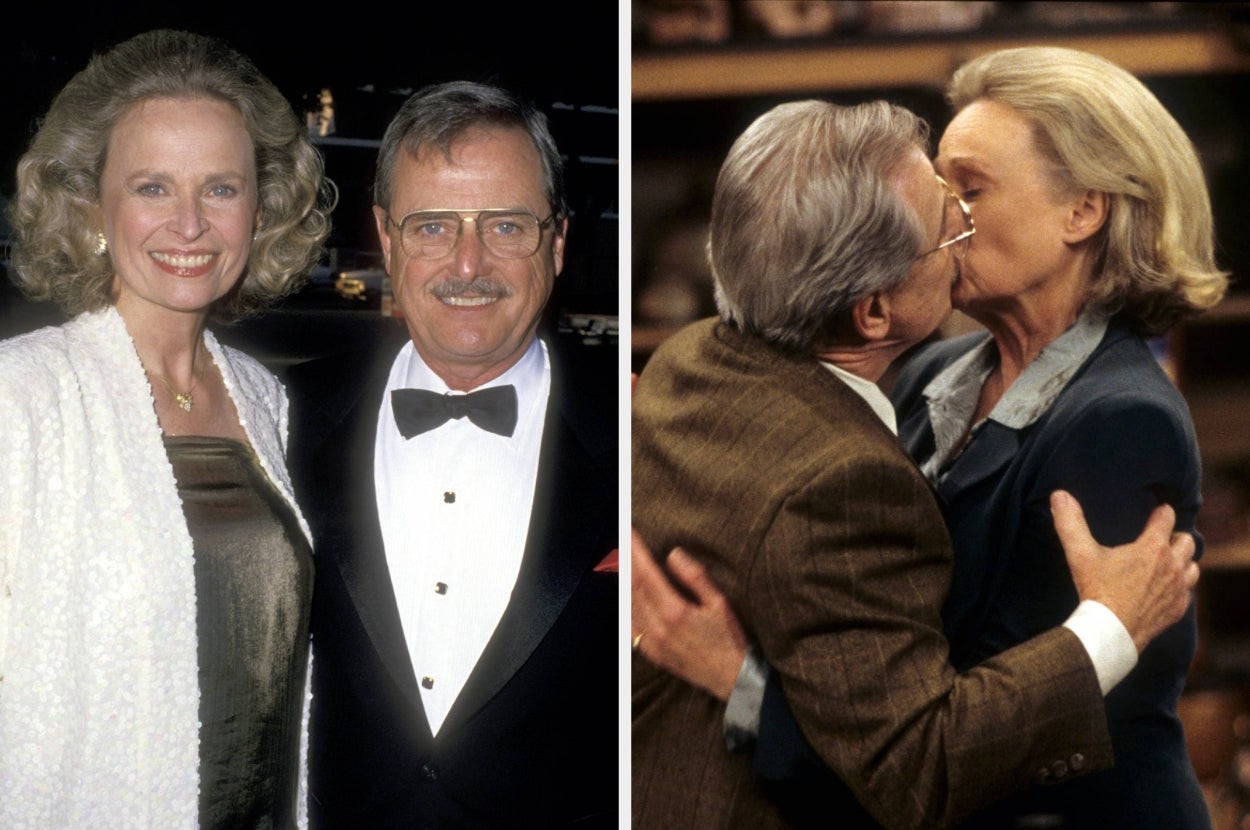 Two people dressed in formal wear, smiling and posing. In the other picture, they are embracing and kissing warmly, both wearing suits