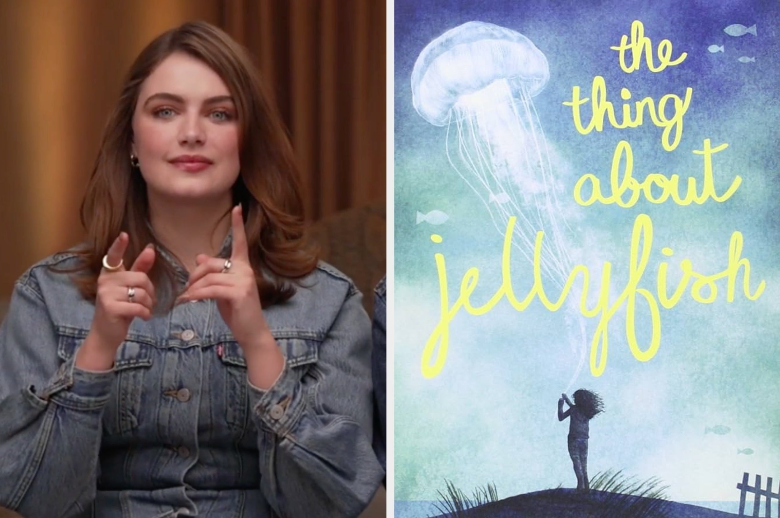 A person gestures while seated; next to them is a book cover titled "The Thing About Jellyfish" featuring a silhouette and a large jellyfish