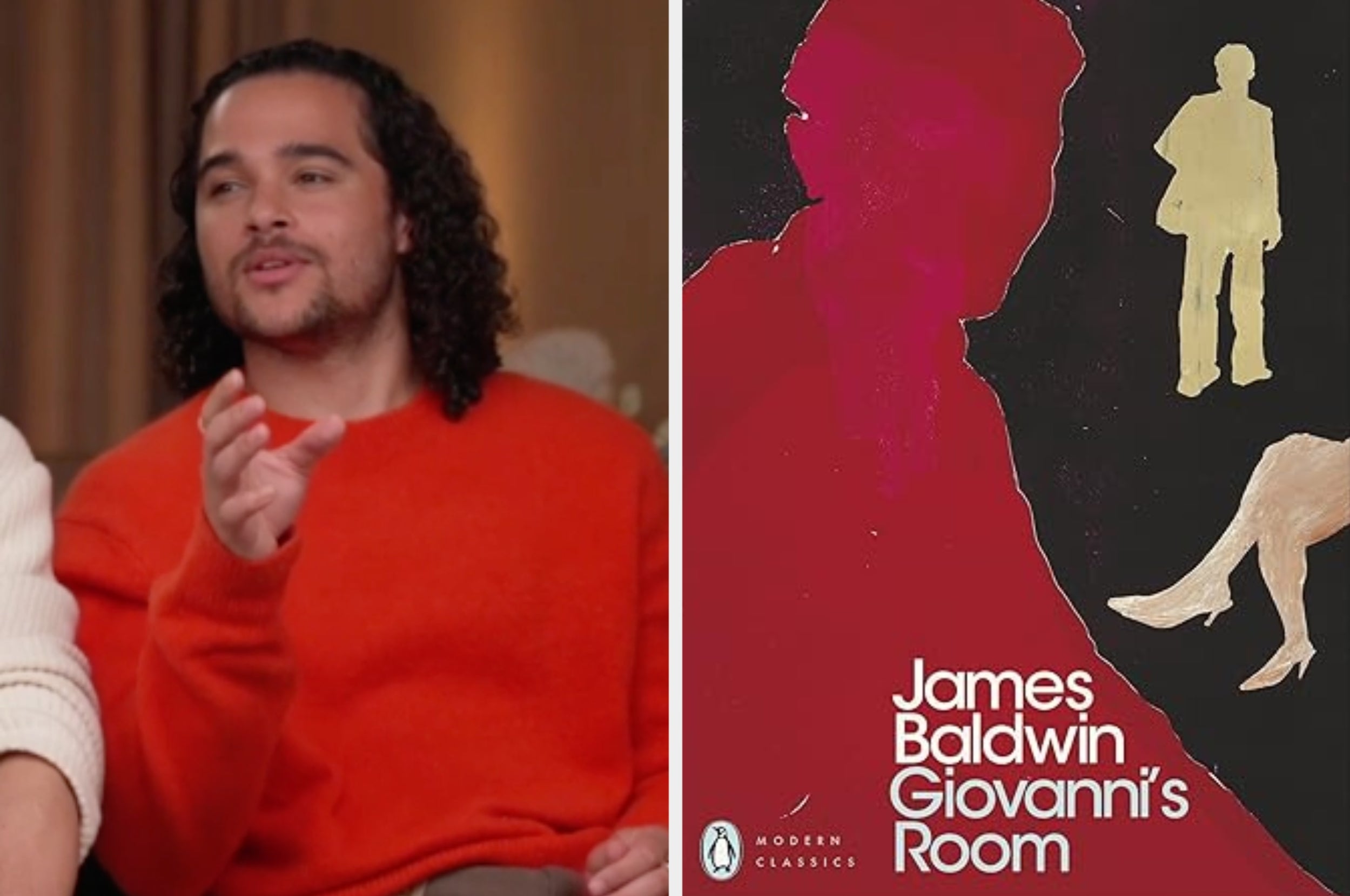 Person talking animatedly; alongside, the book cover of "Giovanni's Room" by James Baldwin is displayed
