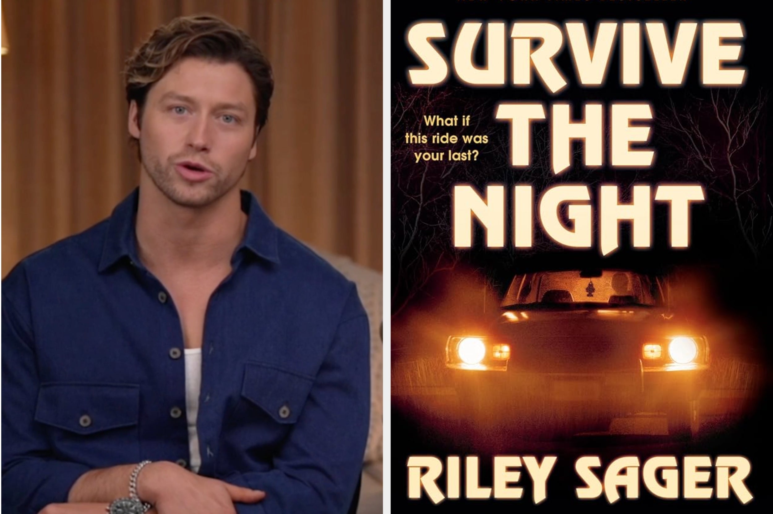 A person speaks in a casual setting; next to them is a book cover titled "Survive the Night" by Riley Sager