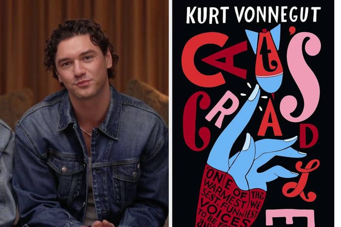 Person in denim jacket seated next to cover of "Cat's Cradle" by Kurt Vonnegut, showing stylized text and abstract design