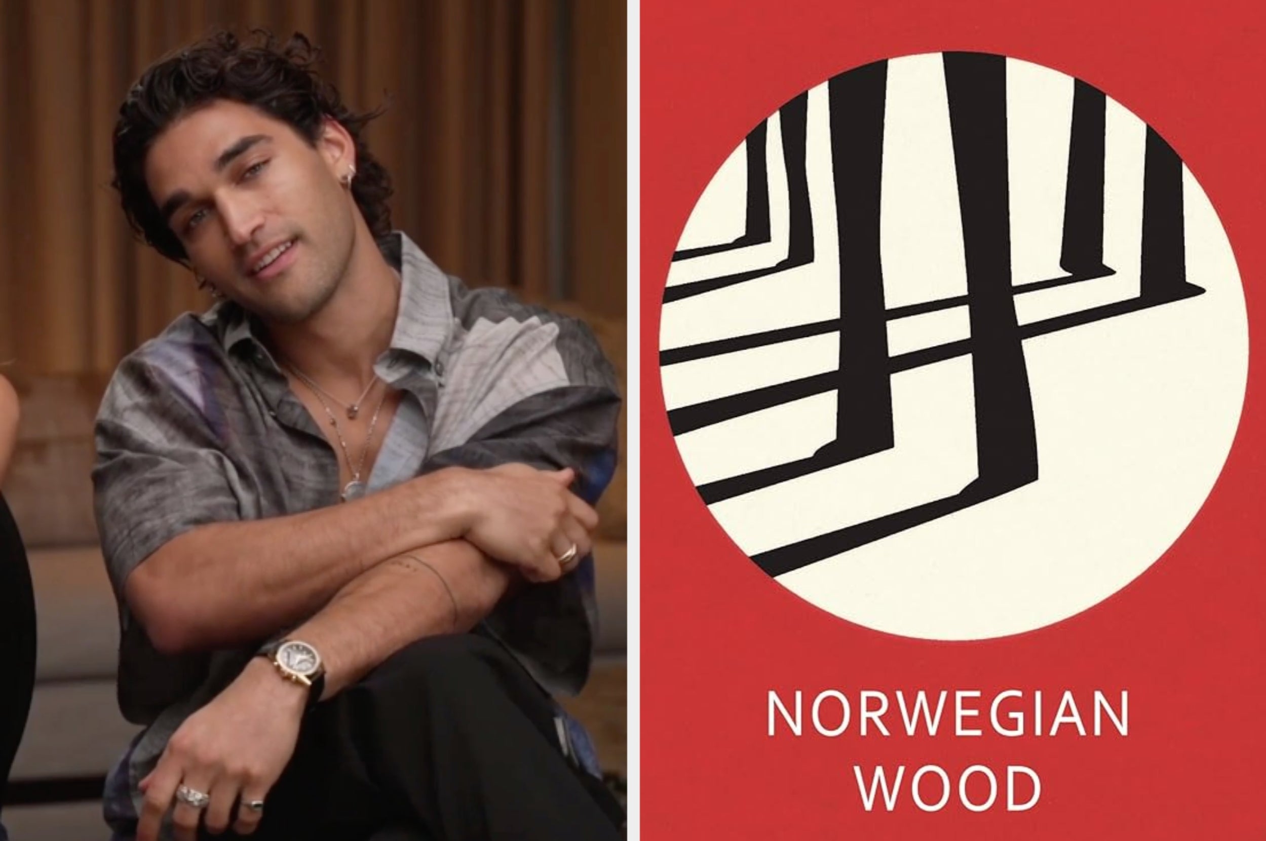 Person seated next to a book cover for "Norwegian Wood" featuring abstract tree designs