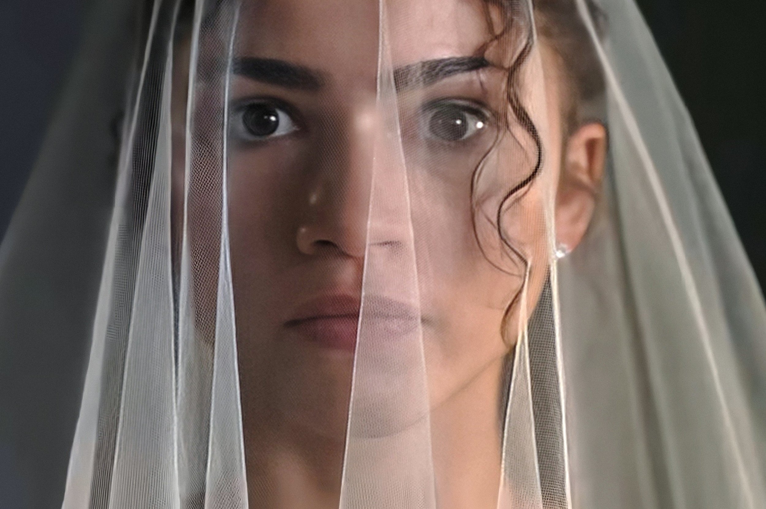 A person gazes intently through a delicate veil, with a single curl framing their face, conveying a sense of solemnity and introspection