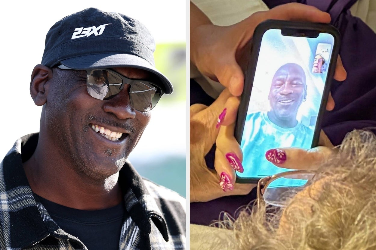 Person in casual wear and cap smiles outdoors; another photo shows their video call on a phone, with bright nails visible, indicating a conversation