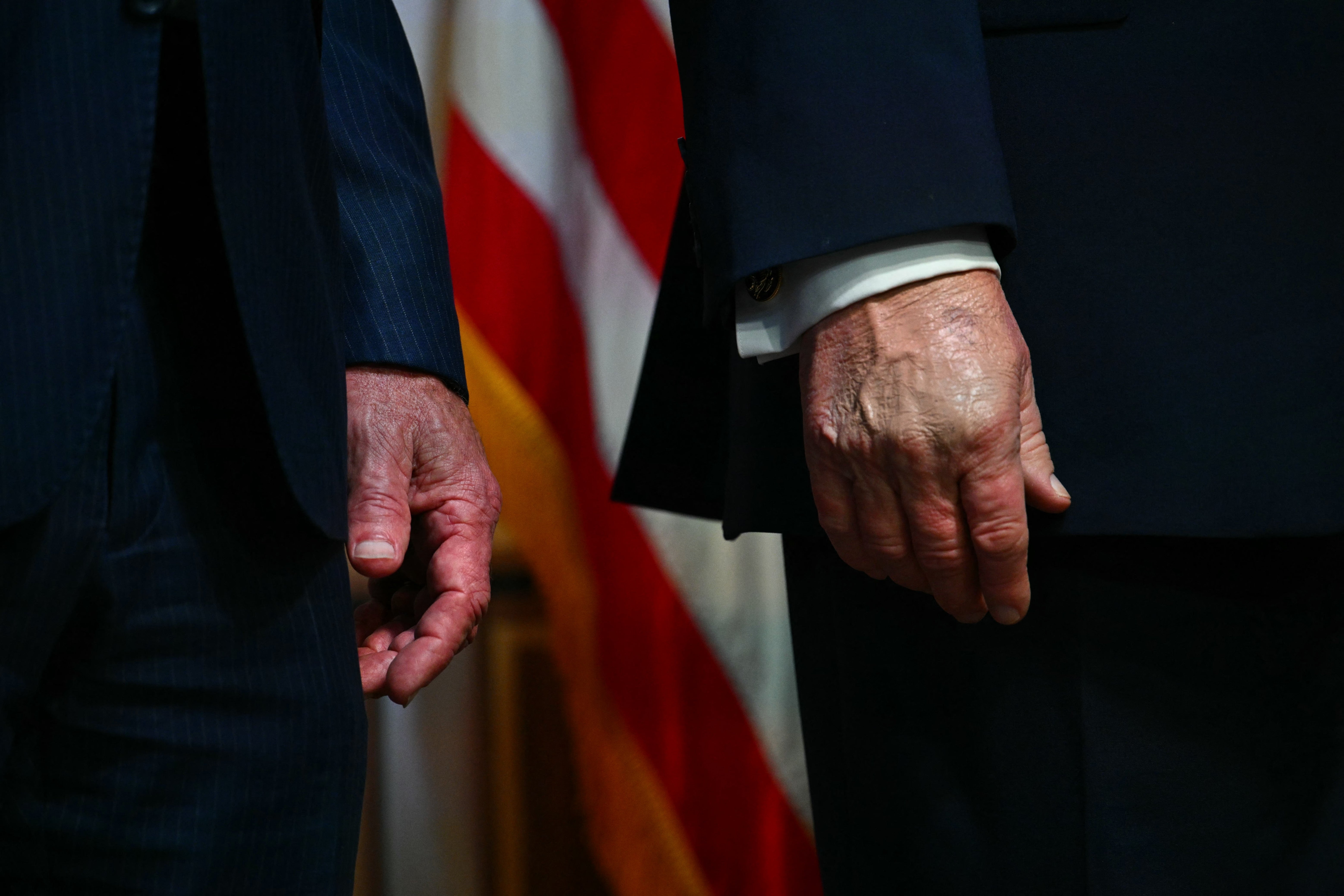 Two individuals in suits standing side by side with an American flag in the background. Close-up of their hands and suit sleeves. One is Donald Trump, and his hand has visible bruising and makeup. The other hand is dark red and also appears bruised