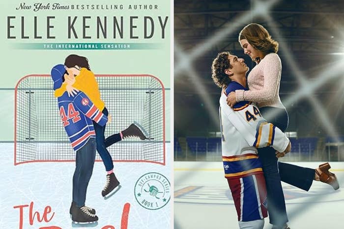 Two book covers: left features two people in hockey jerseys kissing on ice; right shows a couple on ice in hockey gear, the man lifting the woman
