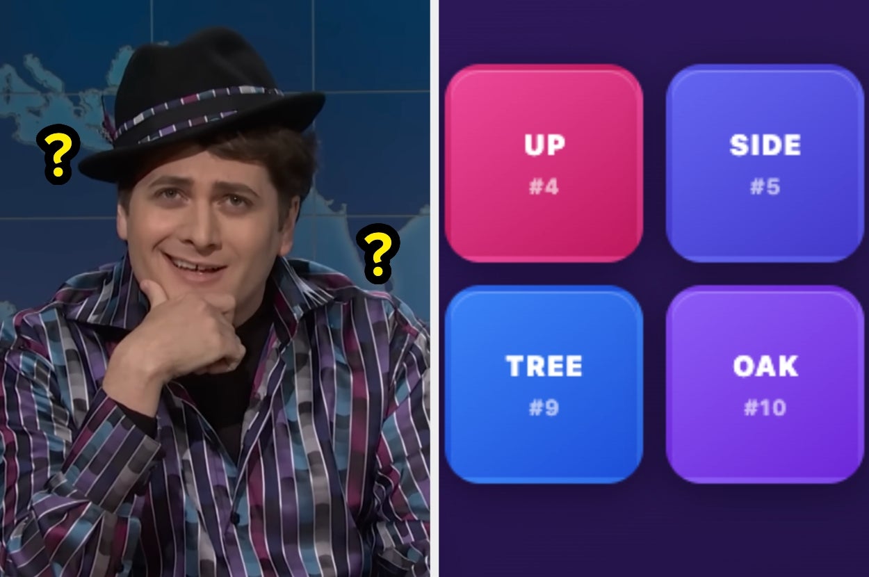 A person in a fedora with question marks, next to a game interface showing options: "UP #4," "SIDE #5," "TREE #9," "OAK #10."