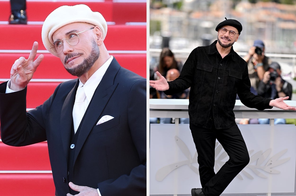 A person on a red carpet in a formal suit and beret, making a peace sign, and in a casual outfit posing outdoors