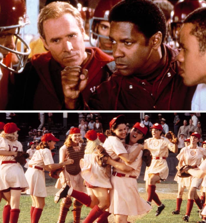 Scenes from two films: a football team huddles with their coach, and female baseball players celebrate on the field