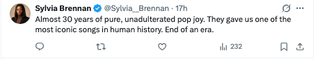 Tweet by Sylvia Brennan expressing nostalgia and admiration for a pop group, highlighting their iconic song and marking the end of an era