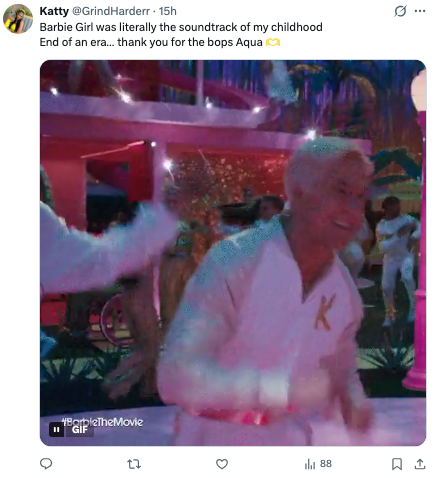 Person in a white outfit dancing energetically at a lively event with neon lights. Tweet mentions nostalgia for the song "Barbie Girl" by Aqua