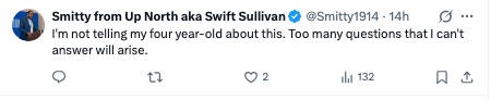 Tweet by Smitty from Up North: "I'm not telling my four-year-old about this. Too many questions that I can't answer will arise."