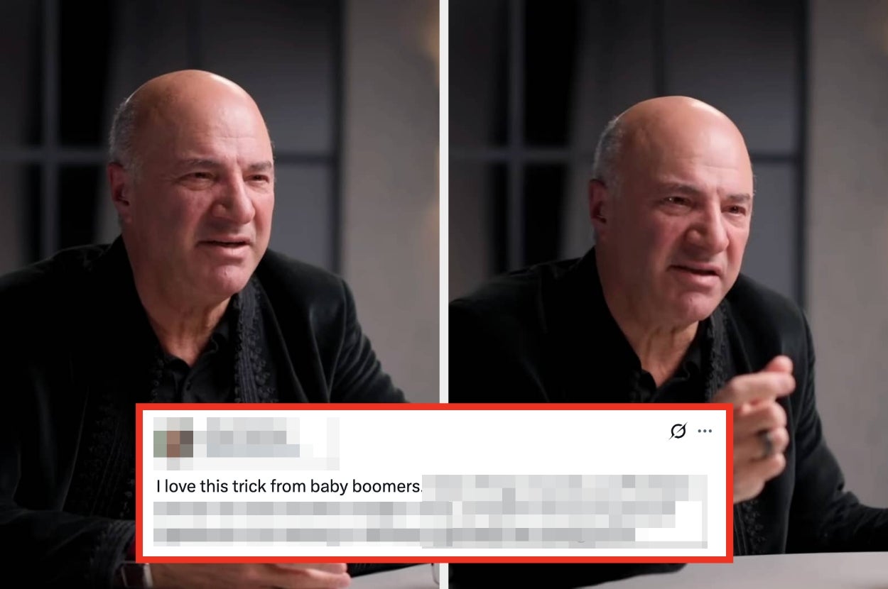 Man in discussion during a video interview; text overlay mentions a clever tip from baby boomers