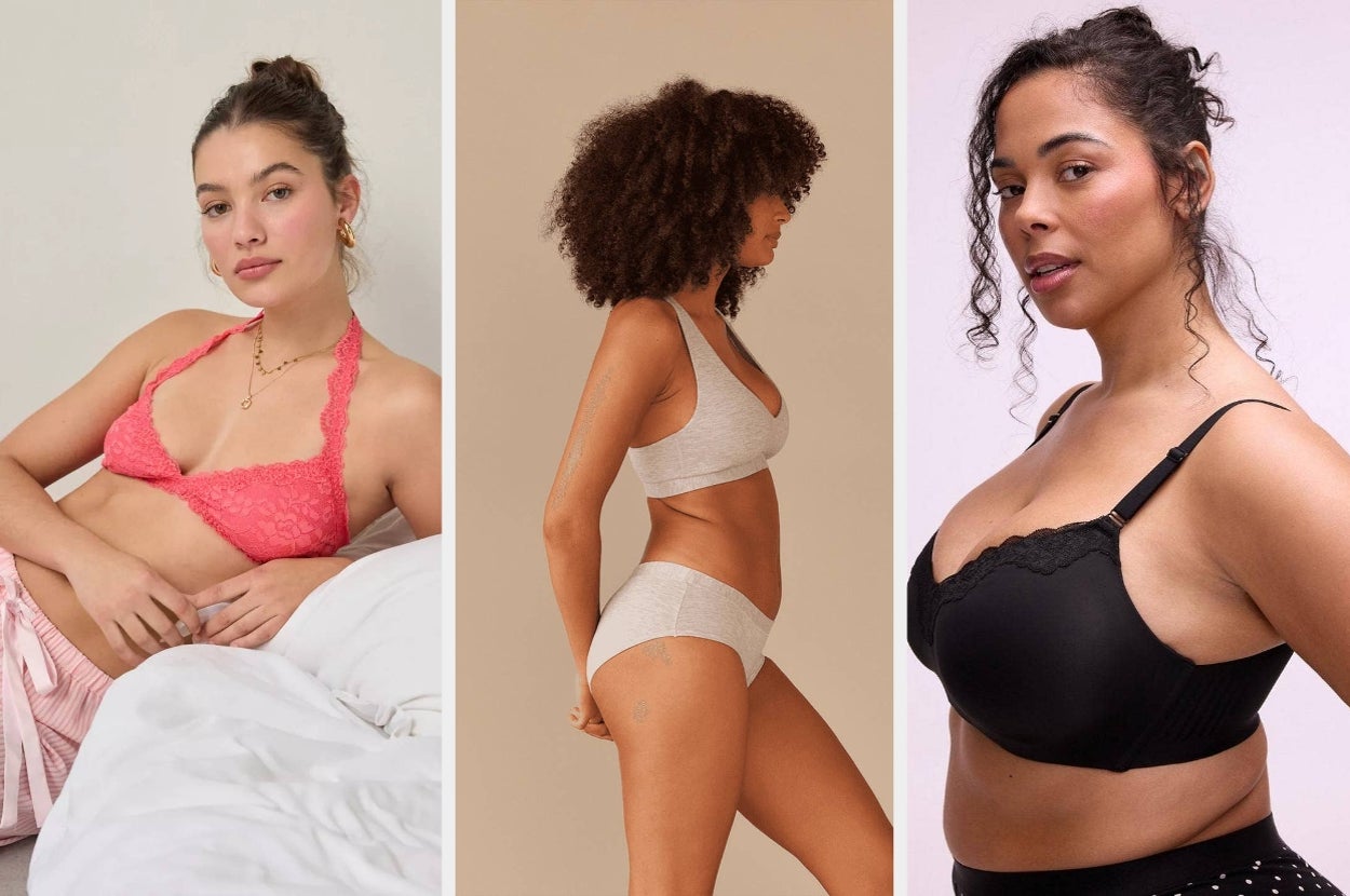 Three people model different styles of bras: lace, sports, and full-cup, highlighting the variety in comfort and support