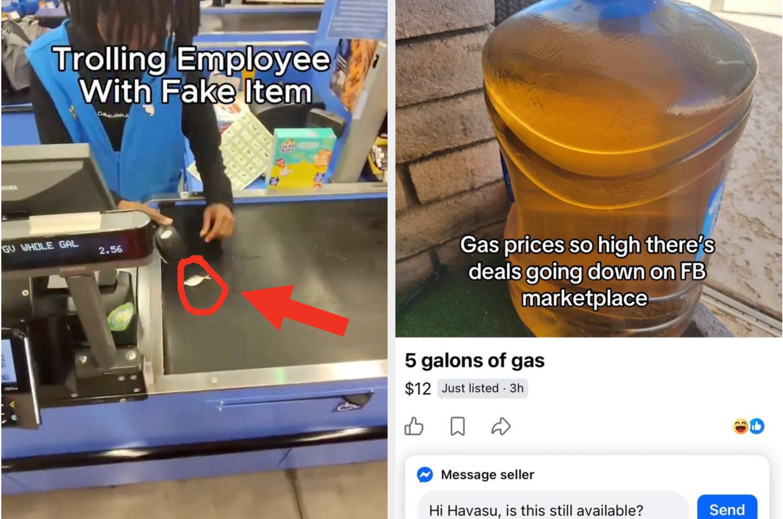 Two images: A person at checkout with a small fake item; a Facebook post showing gas for sale, highlighting high gas prices