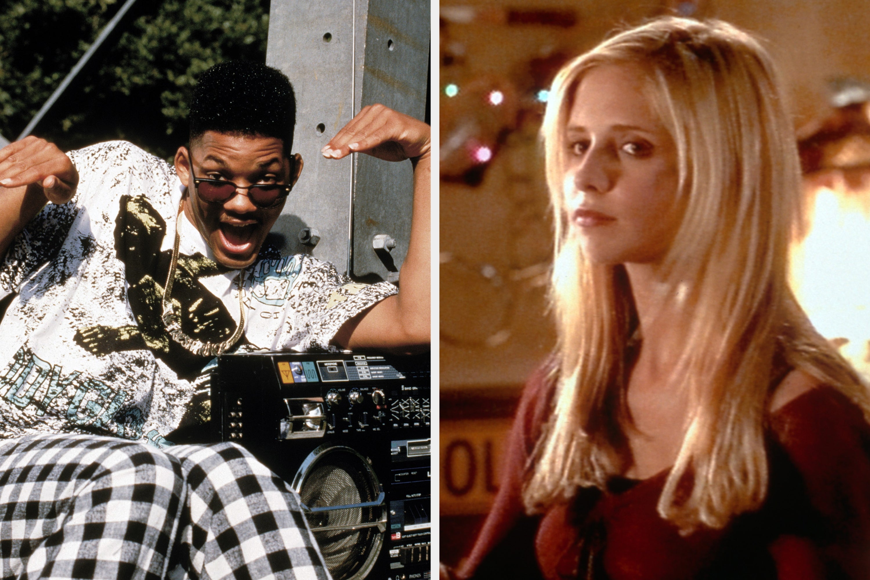 Two TV characters: one with patterned clothing posing energetically by a boombox, and another with long hair looking contemplative in a casual setting