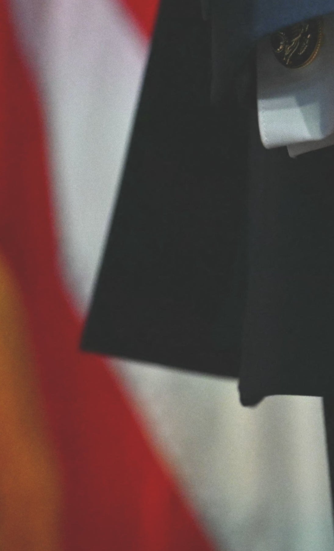 Close up of a dark red, hairy, and bruised hand that sticks out from a striped suit jacket in front of an American flag background