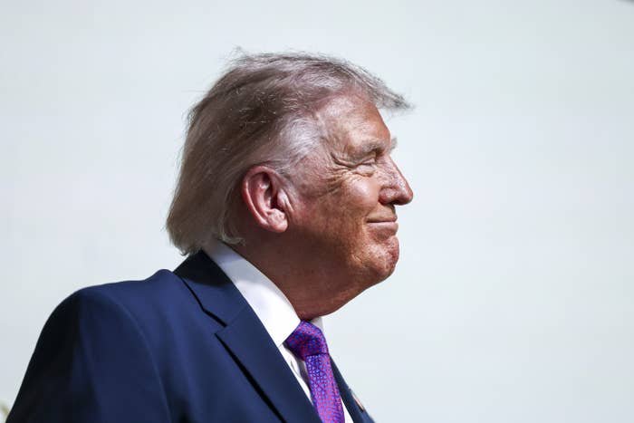 Donald Trump in a suit and tie looks to the side, smiling slightly against a neutral background