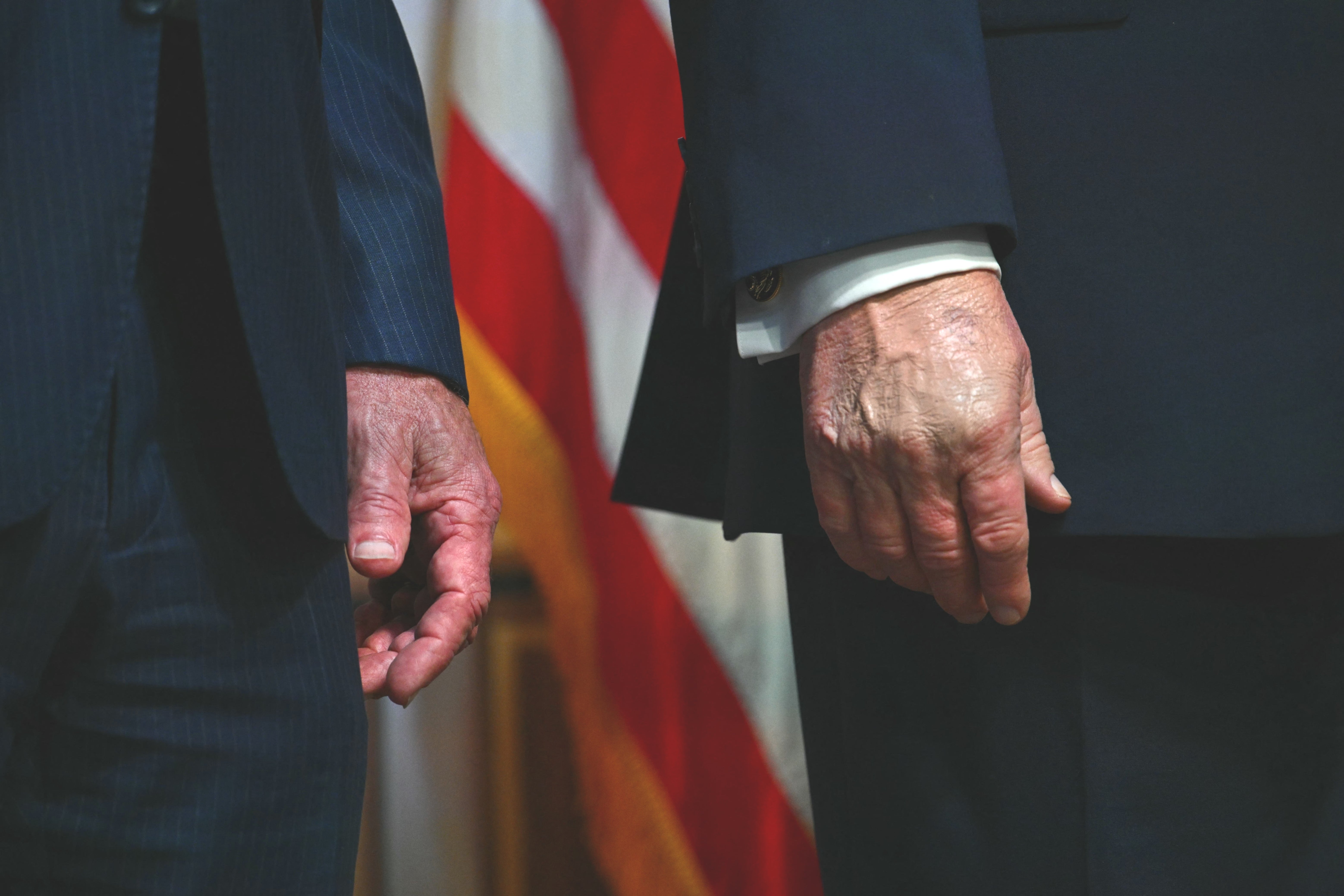 Two individuals in suits standing side by side with an American flag in the background. Close-up of their hands and suit sleeves. One is Donald Trump, and his hand has visible bruising and makeup. The other hand is dark red and also appears bruised