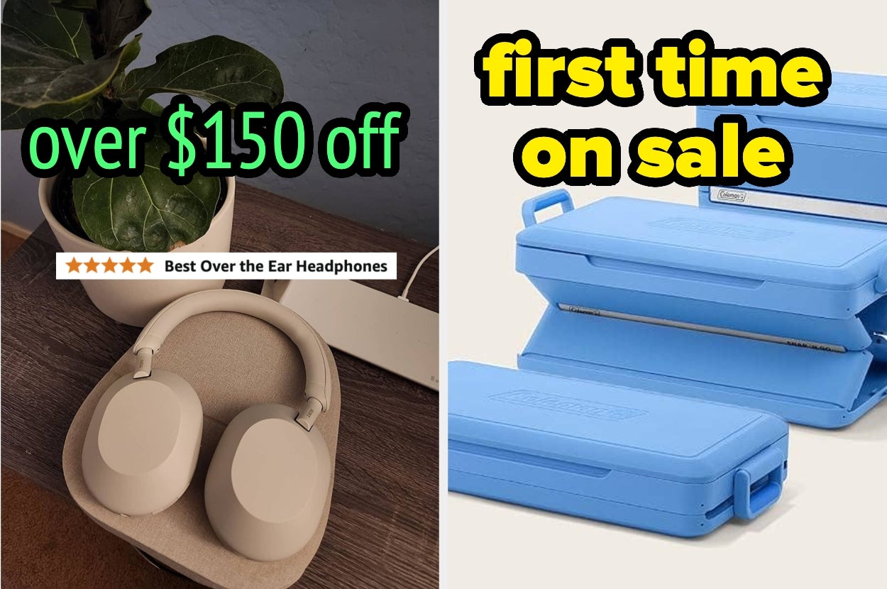 Headphones promoted as "Best Over the Ear" with $150 discount, and blue containers on first-time sale