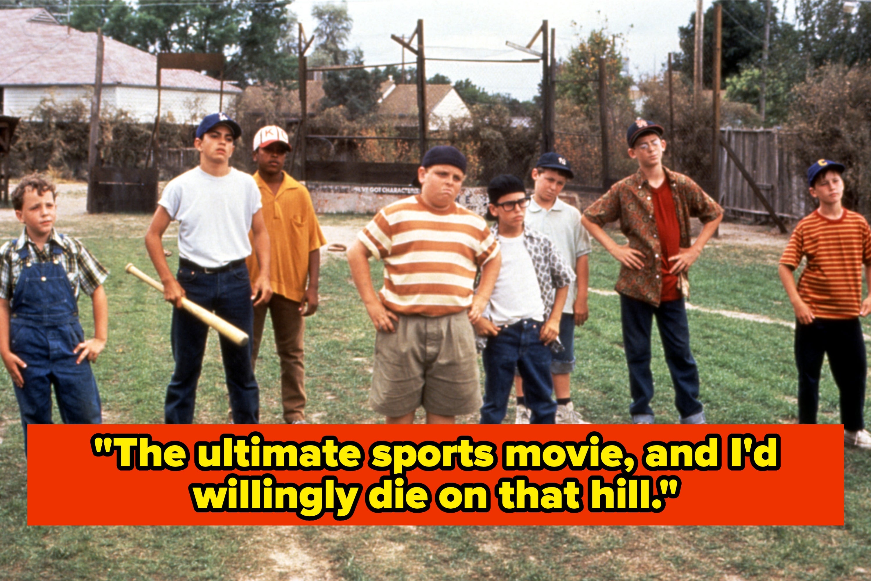 A group of kids stands on a baseball field. Text: "The ultimate sports movie...captures the entire lifecycle of a sports fan."