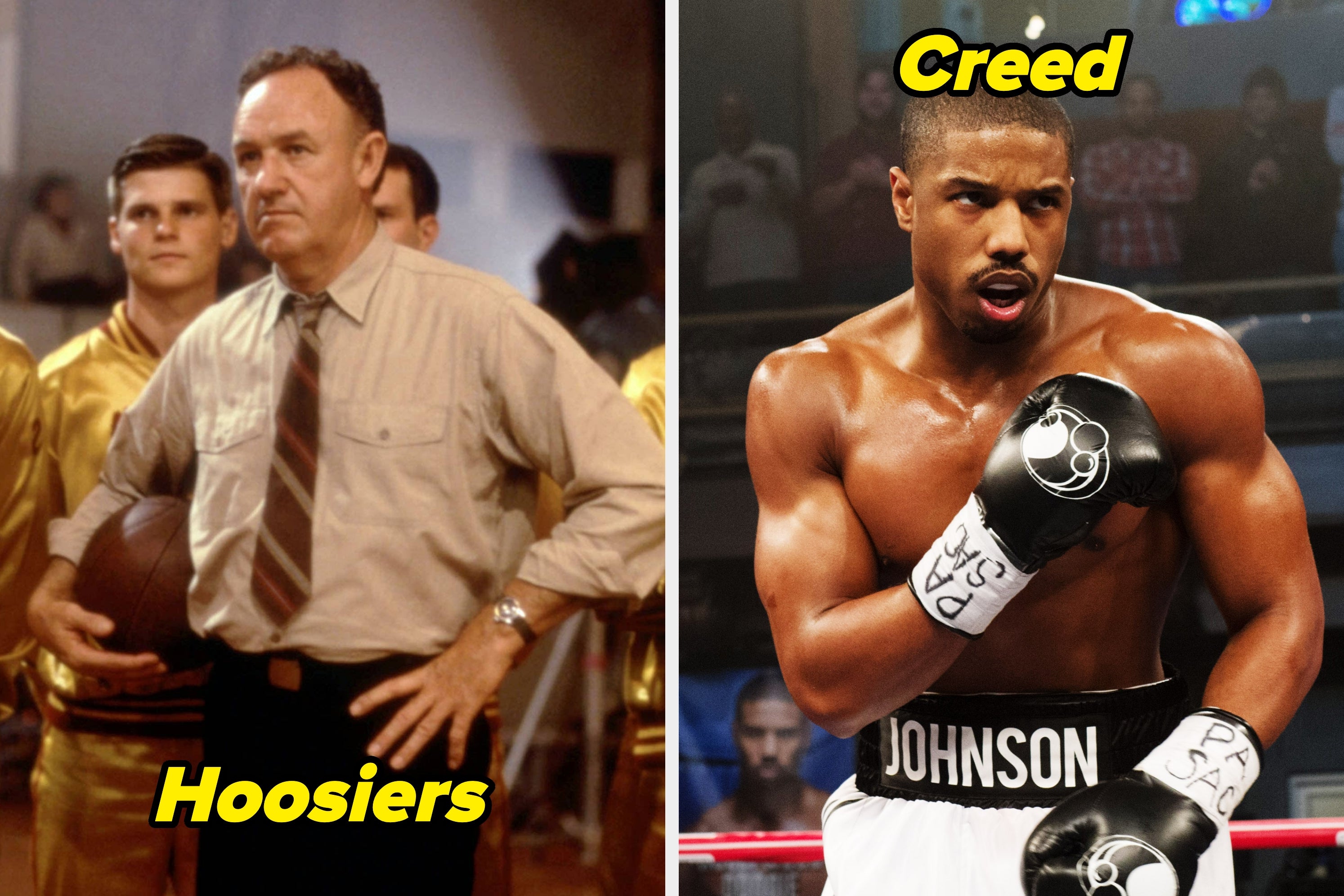 Split image: Left shows a coach holding a basketball from "Hoosiers," right shows a boxer in the ring from "Creed."