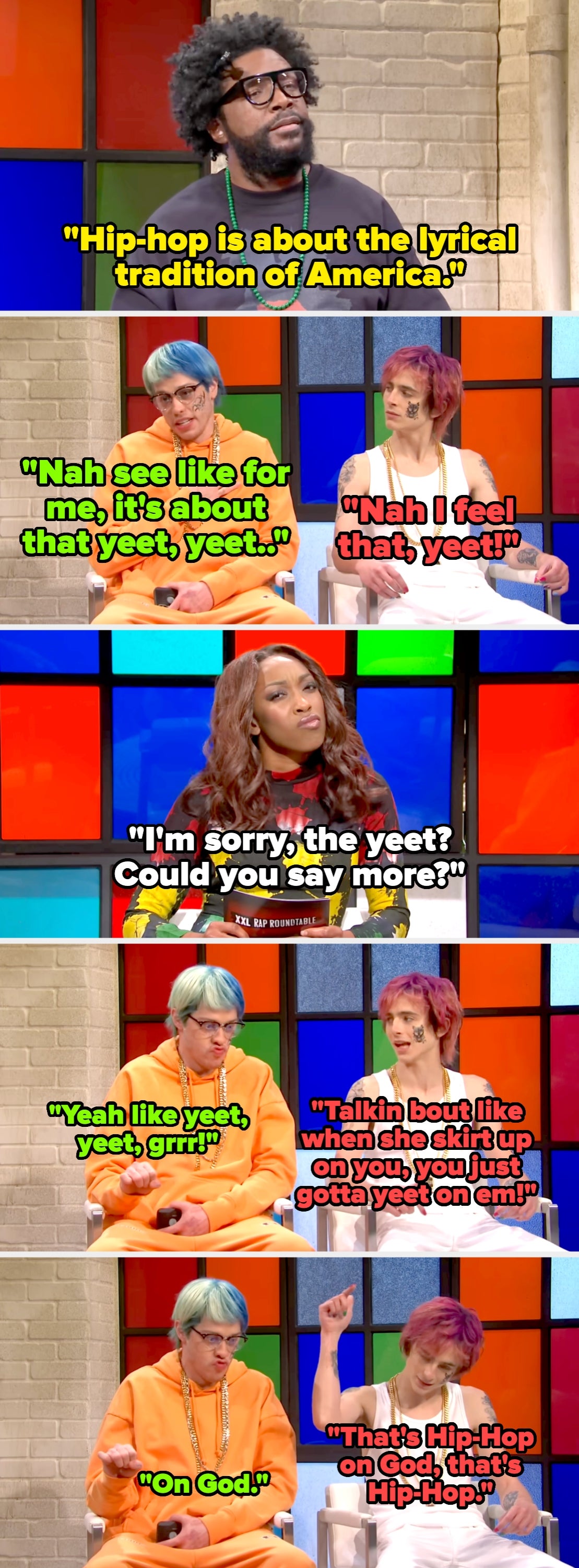 Three people humorously discussing the cultural significance of "yeet" with exaggerated gestures on a talk show set