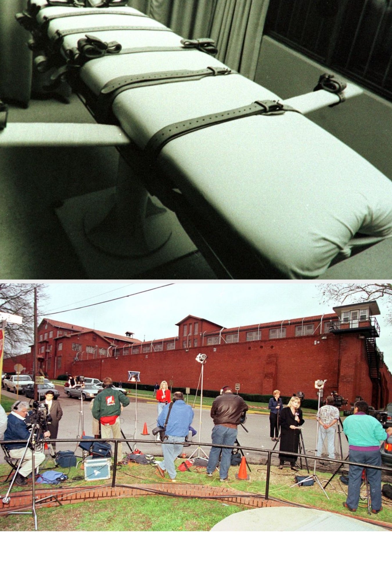 The image shows an empty execution chamber and a media gathering outside a building