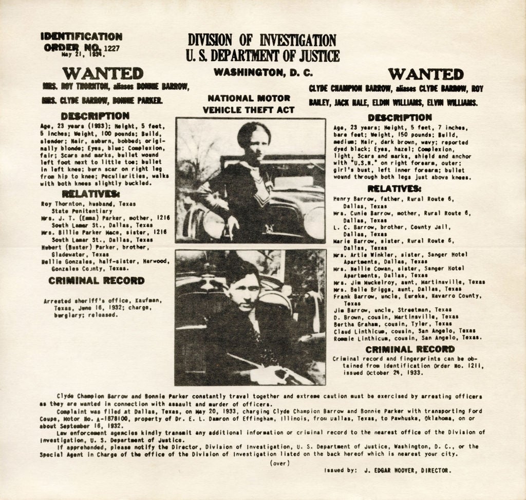 1934 wanted poster for Bonnie Parker and Clyde Barrow with descriptions and photos of both fugitives, plus details about their criminal activities