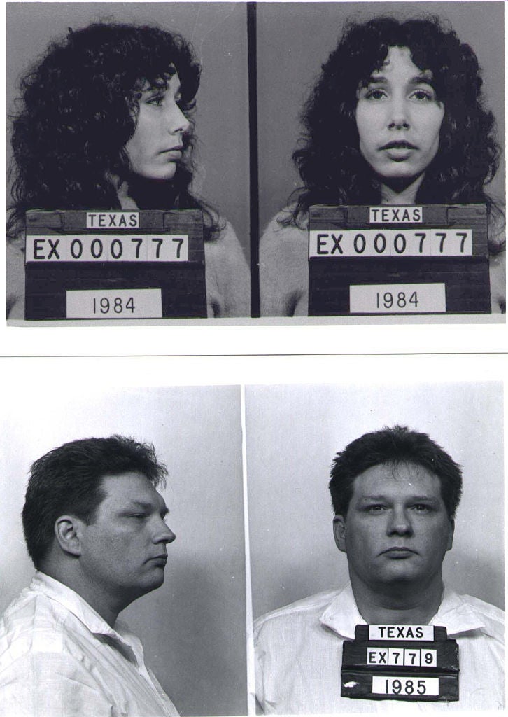 Two mugshots featuring a woman from 1984 and a man from 1985, each shown from the front and side