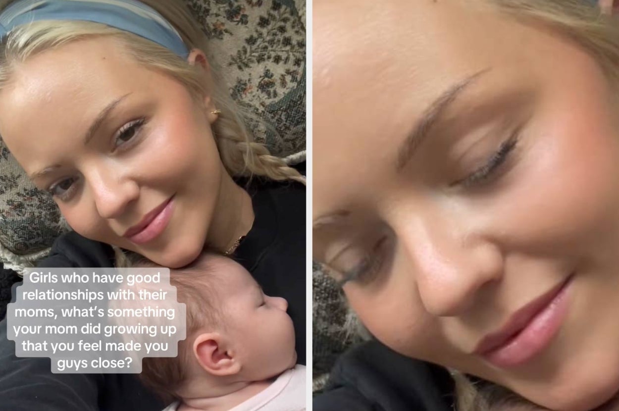 A woman cradles a sleeping baby in a cozy setting. Text asks about bonding activities from childhood that strengthened mother-daughter relationships