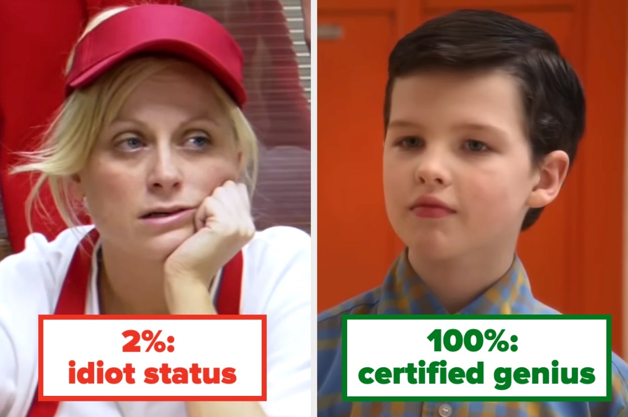 Split image: Left side shows a woman in a red cap labeled "idiot status", right side shows a young boy labeled "certified genius"