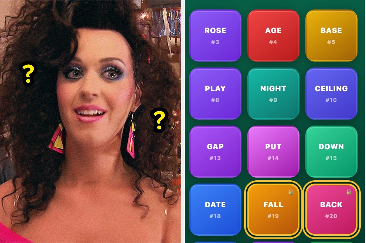 Person with curly hair and bright makeup next to a colorful word game grid with words like "Rose" and "Fall."
