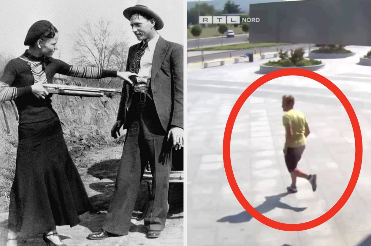 Left: Historical reenactors in classic 1930s attire with props. Right: CCTV footage showing a person in casual clothing within a red circle