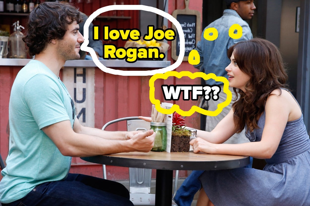 Two people sit at a cafe table; one thinks "WTF?" while the other says, "I love Joe Rogan."