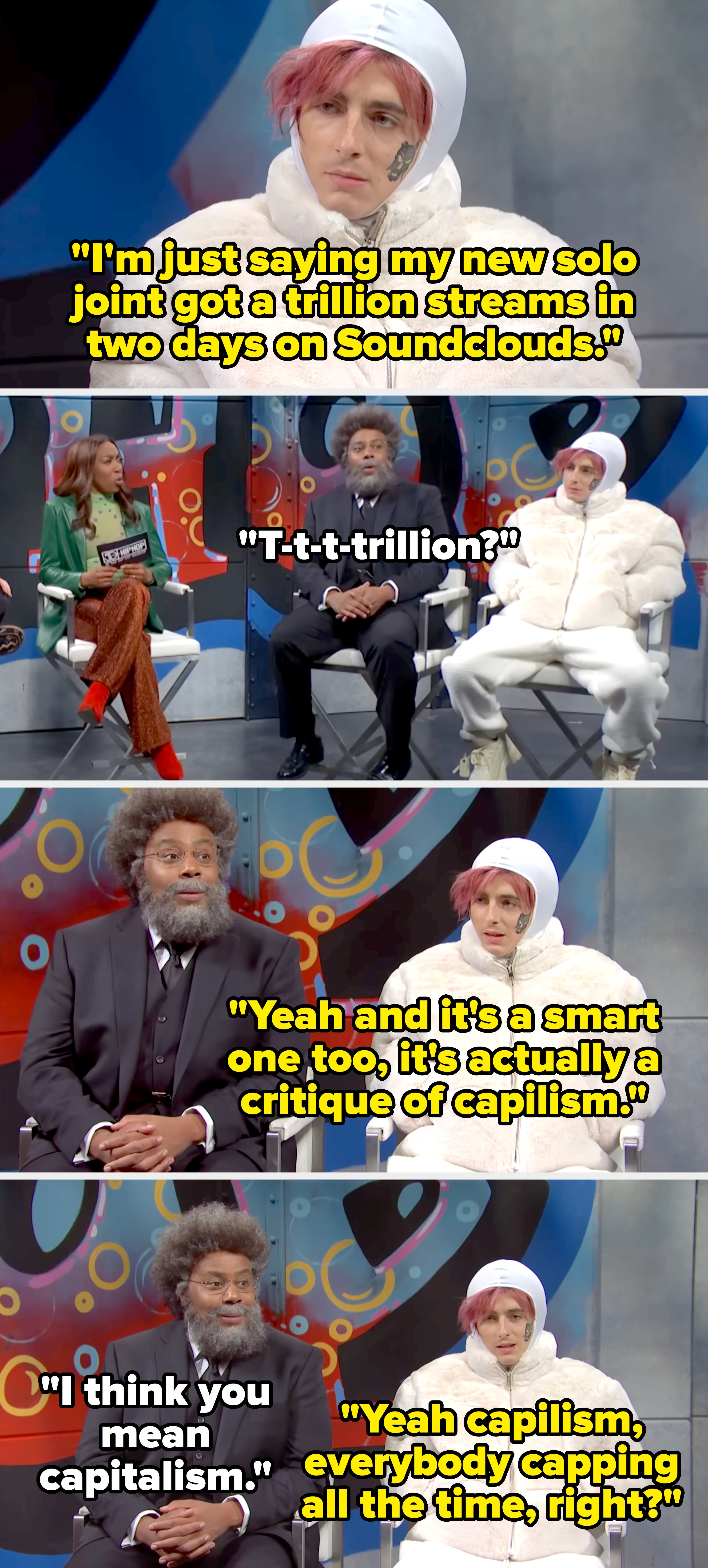 Three people in a talk show setting. Discussion about a new music release critiquing capitalism, with humorous exchanges on capitalism and streaming stats