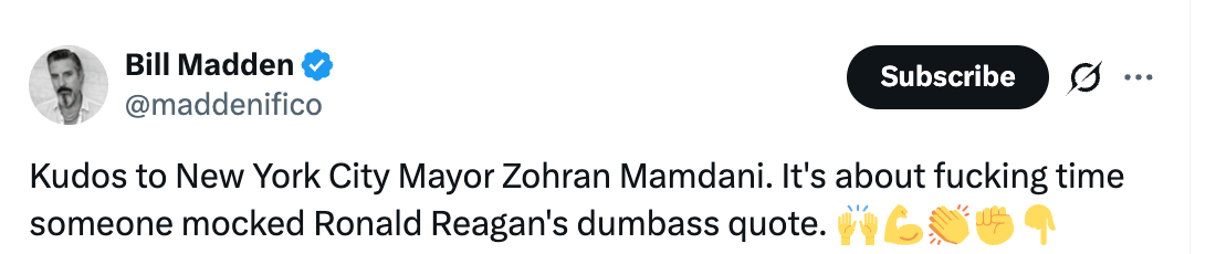 Tweet by Bill Madden praising NYC Mayor Zohran Mamdani for mocking Ronald Reagan, using celebratory emojis