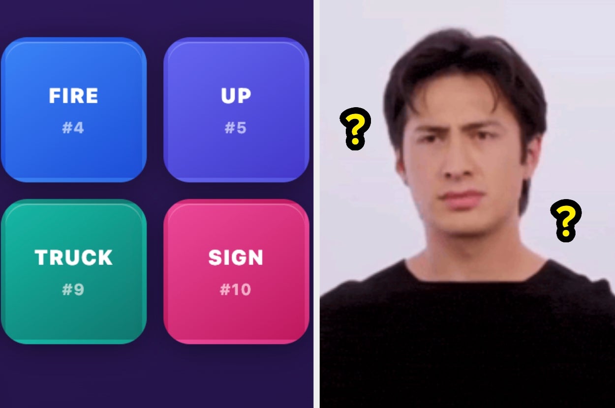 A person looks confused with question marks near their head; next to them are game tiles labeled: Fire #4, Up #5, Truck #9, Sign #10
