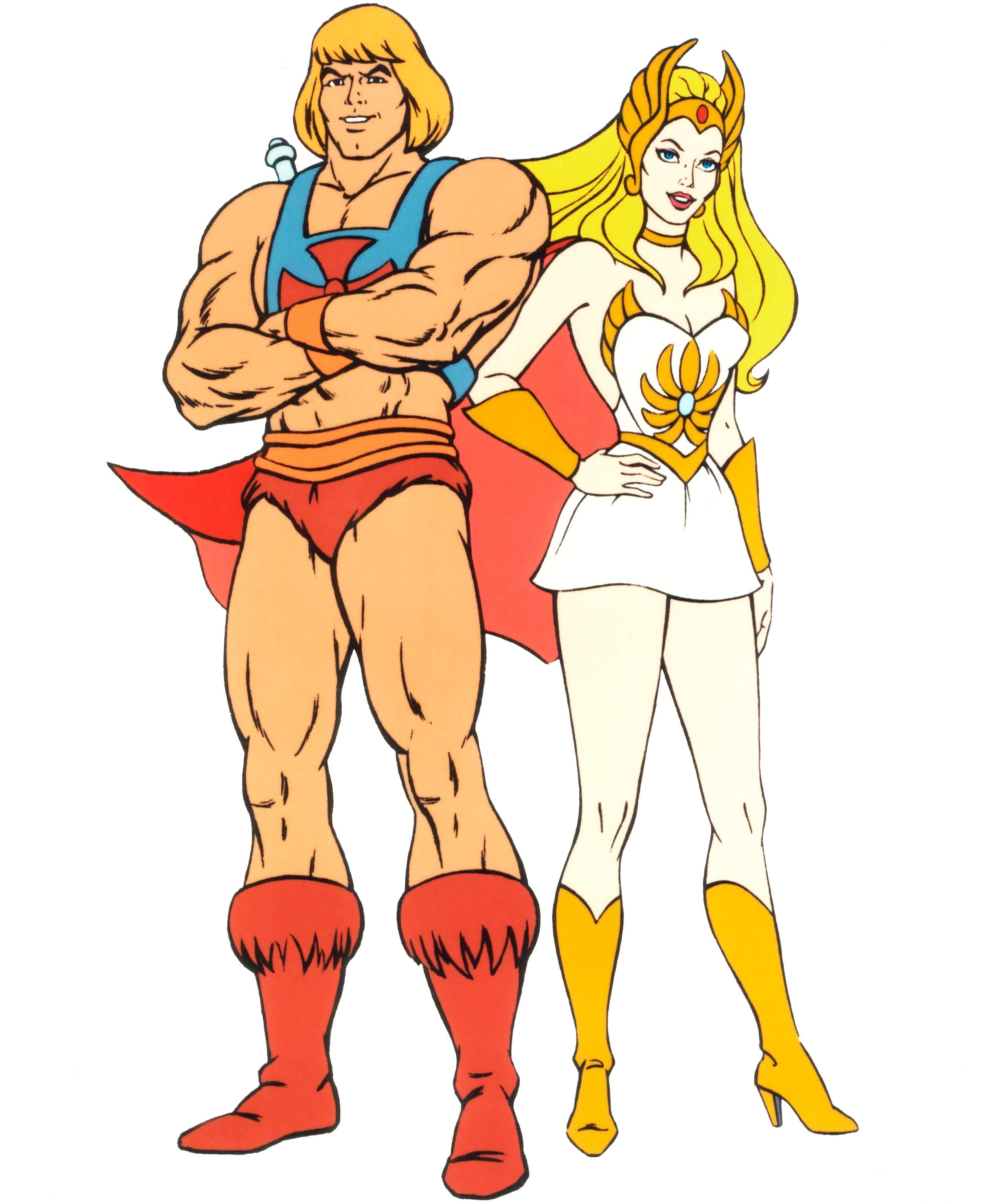 Two cartoon superheroes, a muscular antheral   successful  shorts with wrist cuffs and boots, and a pistillate   successful  a abbreviated  formal  with a headpiece and boots