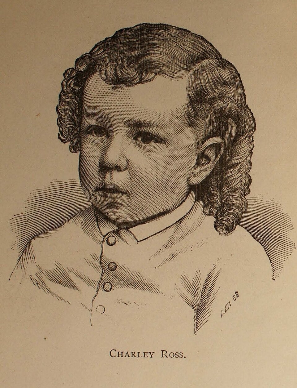 Drawing of a young lad  named Charley Ross with curly hair, superior   expression, and a buttoned shirt