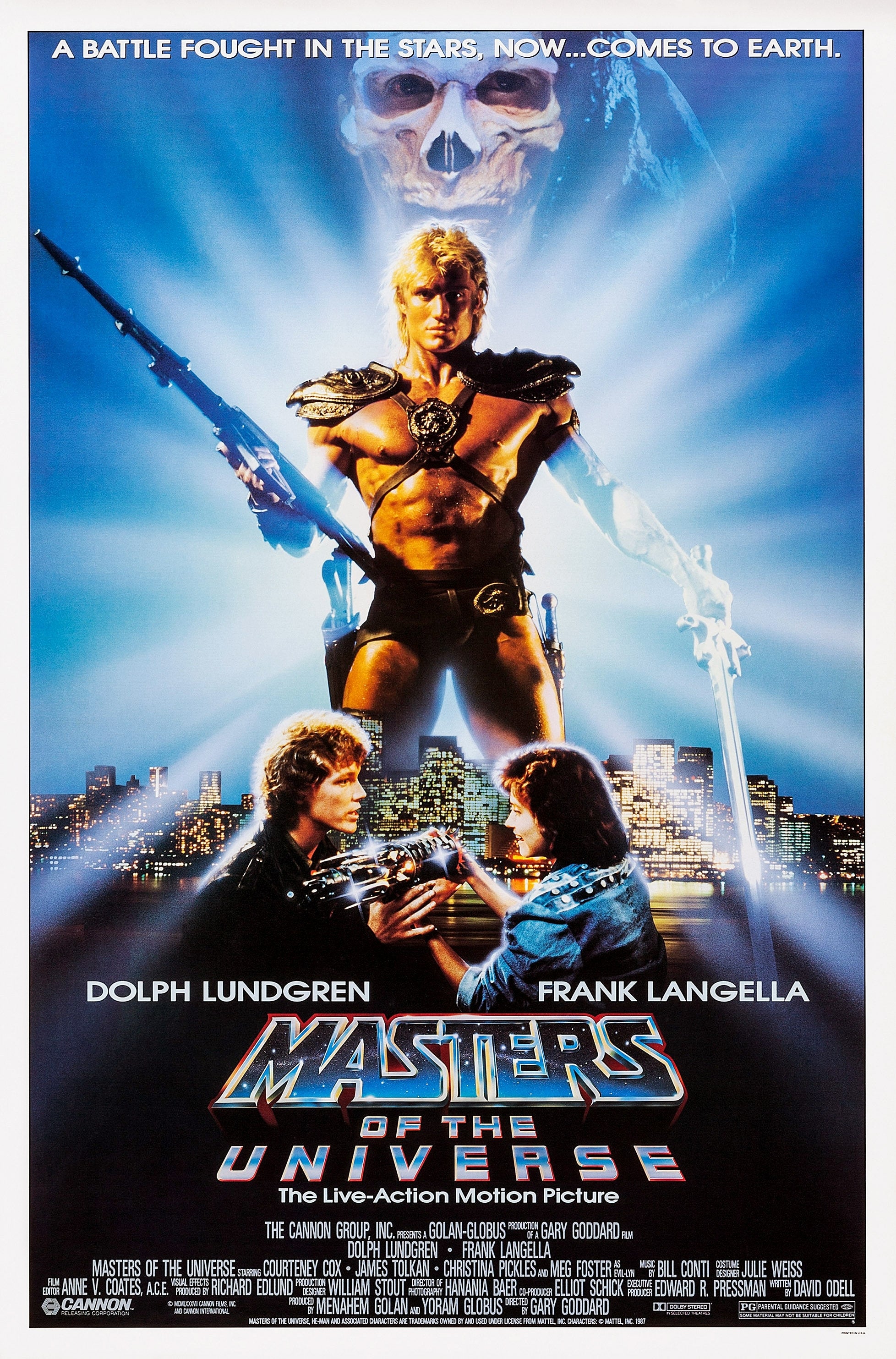 Movie poster for "Masters of the Universe," featuring a heroic fig  with a sword and blaster, acceptable   against a metropolis  backdrop, with floating skull above