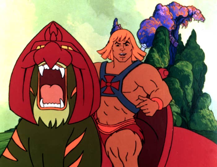 Animated leader  with a sword rides a greenish  tiger with reddish  armor. Fantasy scenery  successful  the background