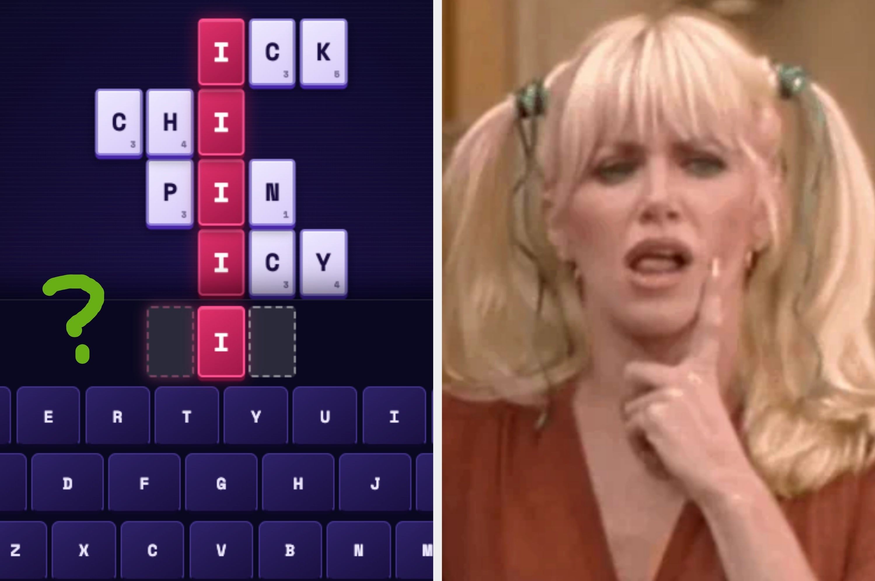 Word puzzle game with incomplete word "_ I __" next to a woman winking