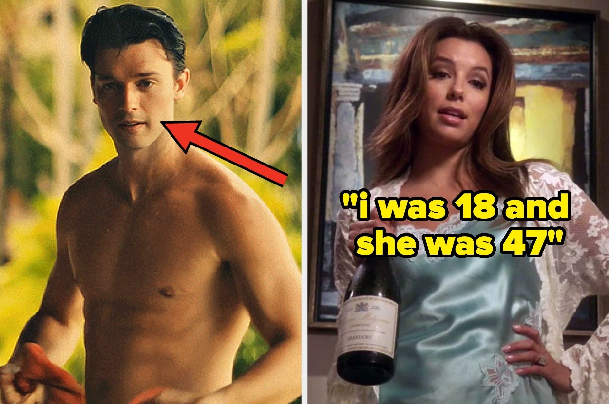 Shirtless man holding a tool stands outdoors; woman in satin robe holding wine, with text: "I was 18 and she was 47."