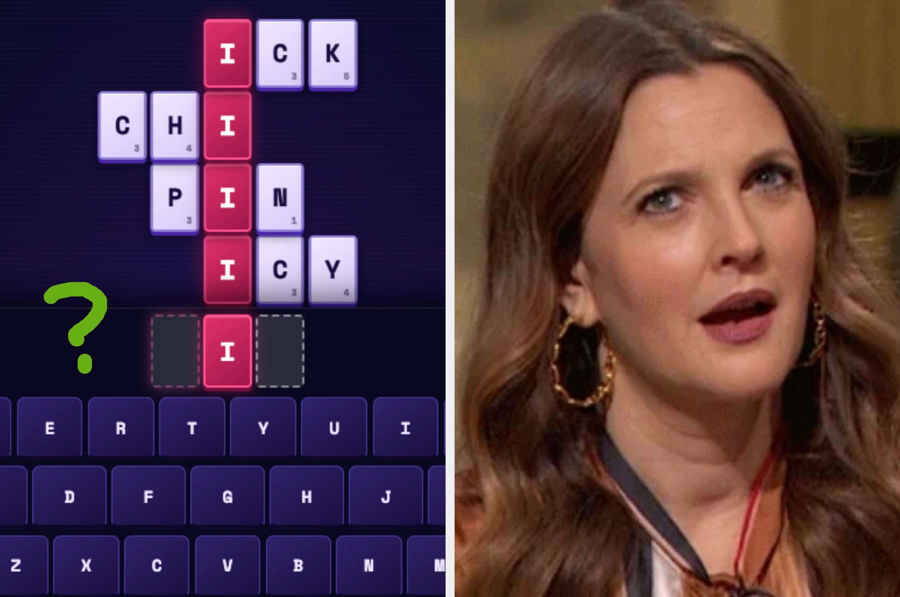 Word puzzle game with incomplete word "_ I __" next to a woman winking