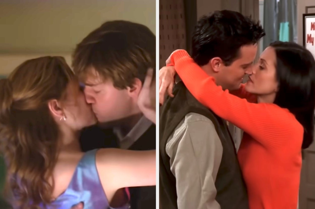 Two couples kissing passionately from different TV shows, both embracing affectionately