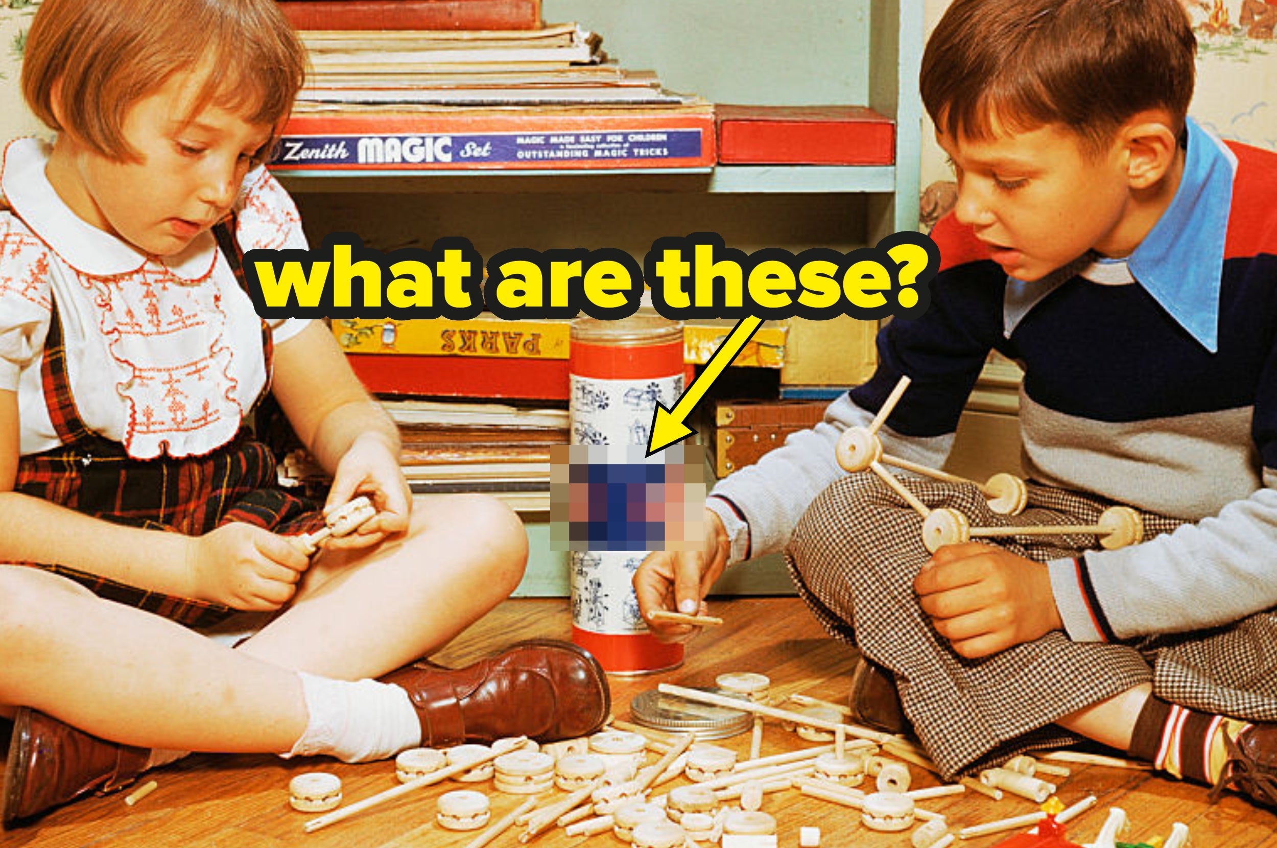 Two children play with vintage construction toys; a text bubble asks, "What are these?"