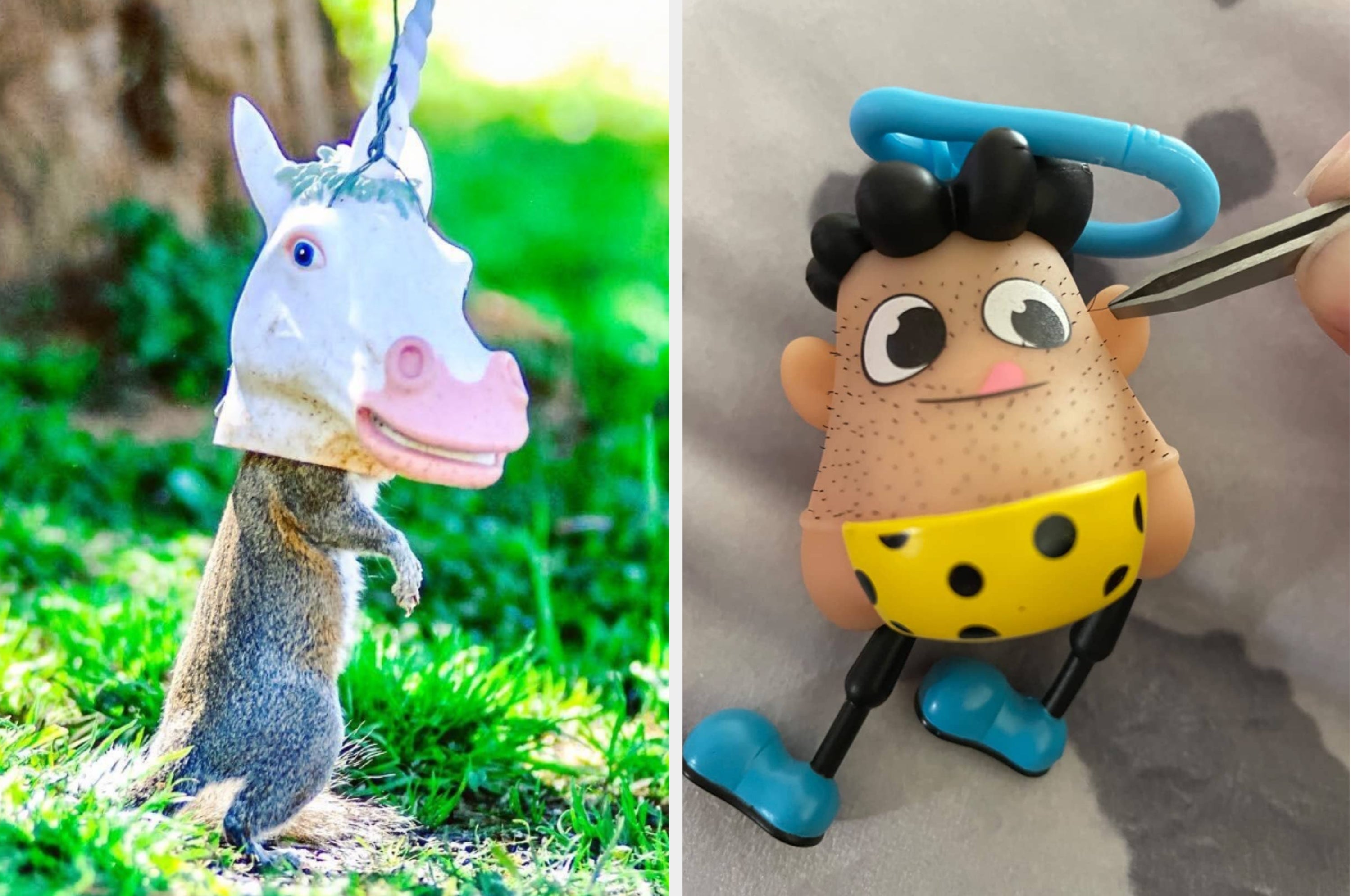 A squirrel wearing a whimsical unicorn mask hangs from a feeder; a small novelty toy with movable limbs sits nearby