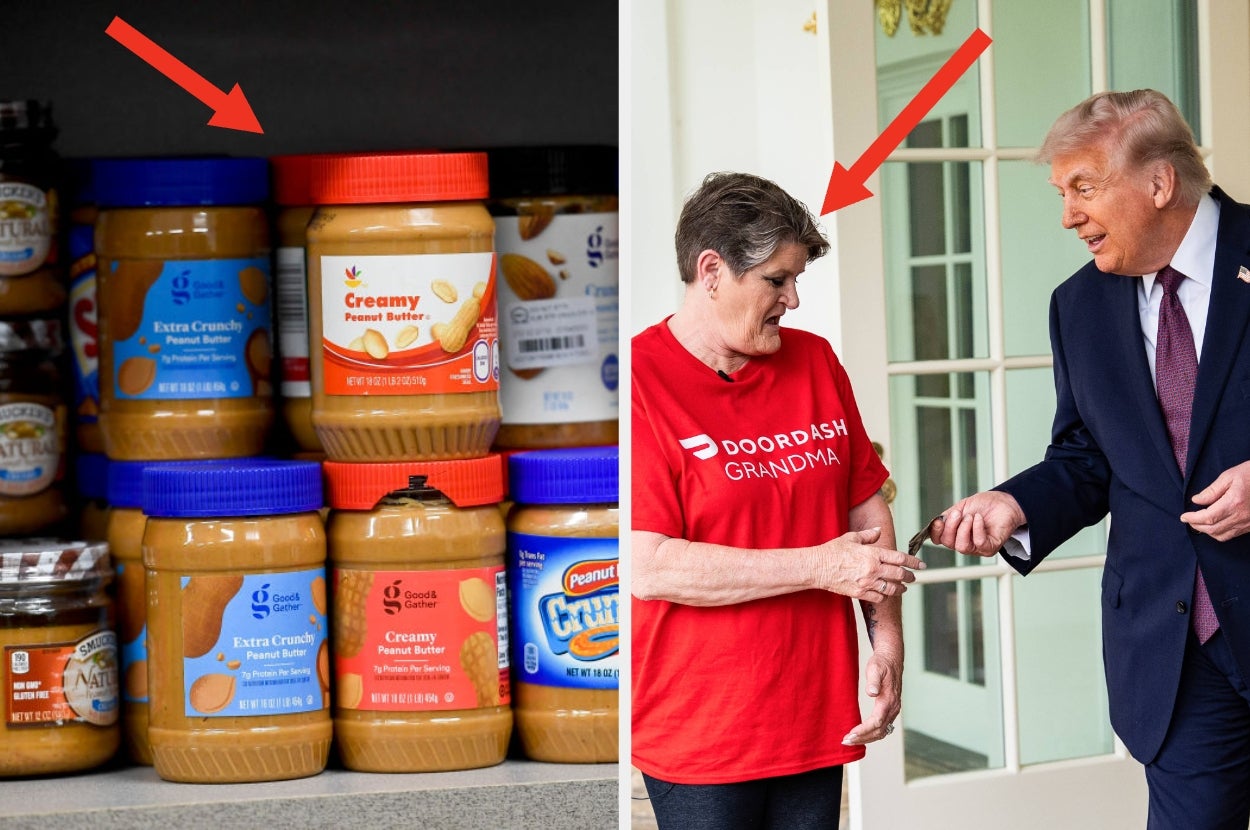 Split image: Left shows various peanut butter jars on a shelf. Right shows a man talking to a woman wearing a "Doordash Grandma" T-shirt