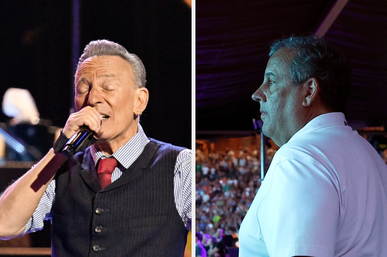Two people are shown. One is on stage singing with a microphone, wearing a vest and tie. The other is looking to the side, wearing a polo shirt